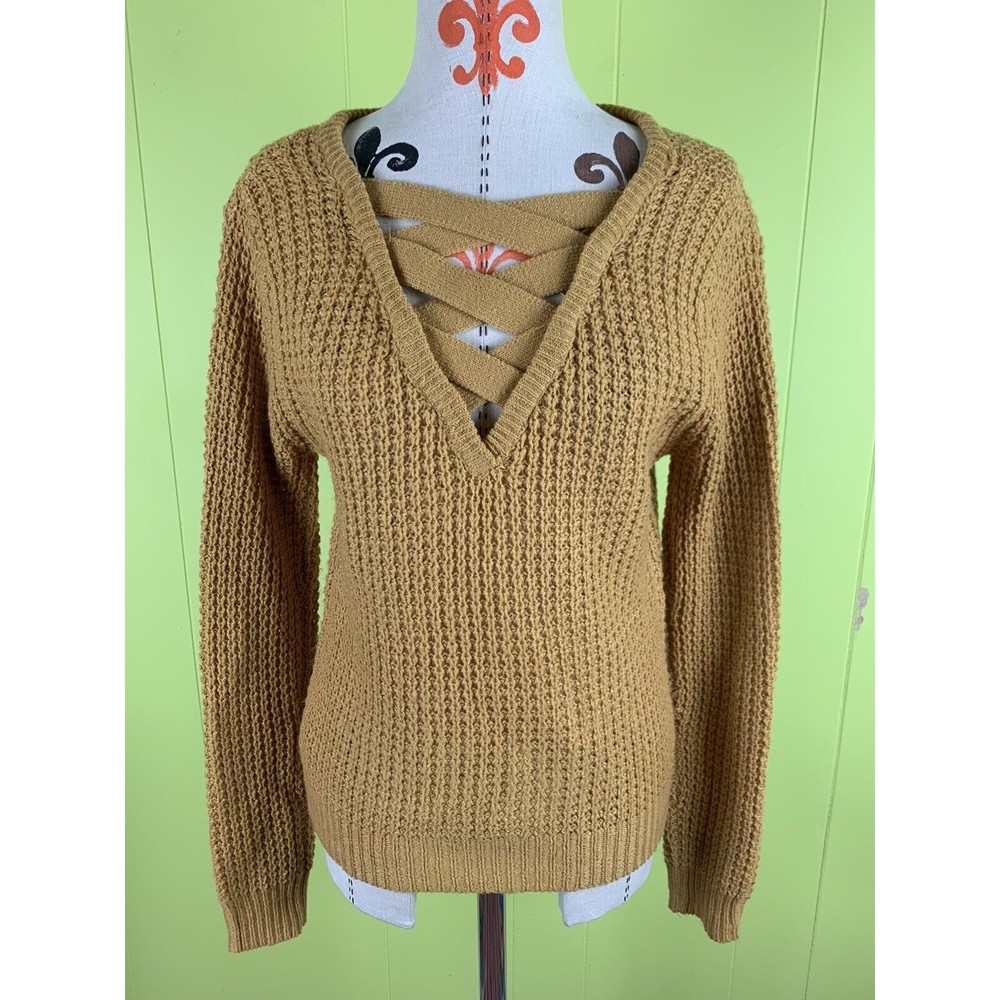 Ambiance Apparel Women's Sweater Sz M Medium Mustard Yellow Acrylic Knit V Neck